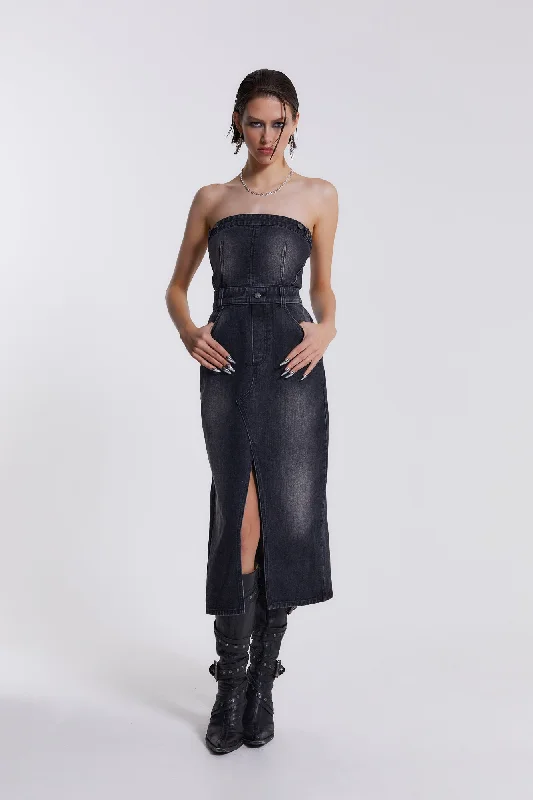 Lowest Price Liberty 2 In 1 Detachable Denim Black Midi Dress