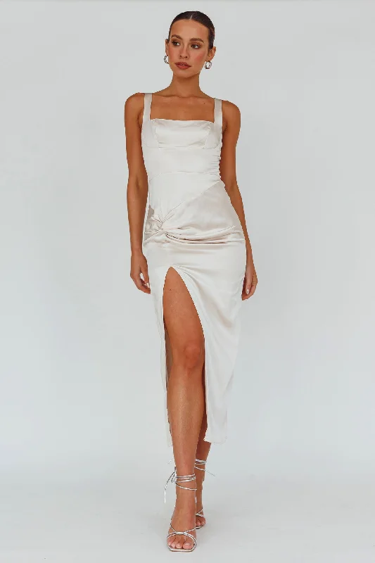 Price Rollback Kristin Knotted Waist Split Midi Dress Champagne
