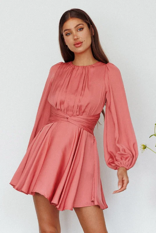 Price Blitz Leia Long Sleeve Waist Tie Mini Dress Rose