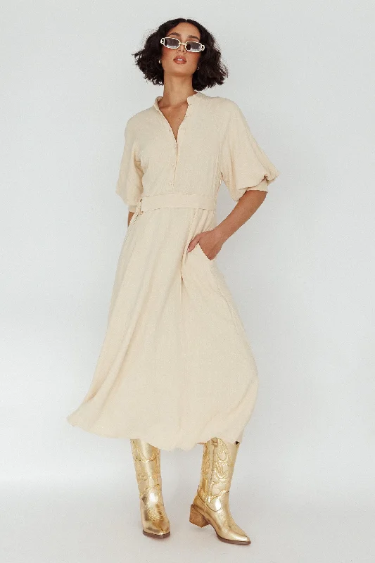 Overstock Sale Mallory Belted Waist Lantern Sleeve Midi Dress Beige