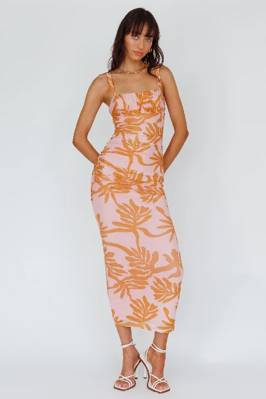 One-DAY Sale Hawaiian Sun Ruched Bust Midi Dress Print Pink