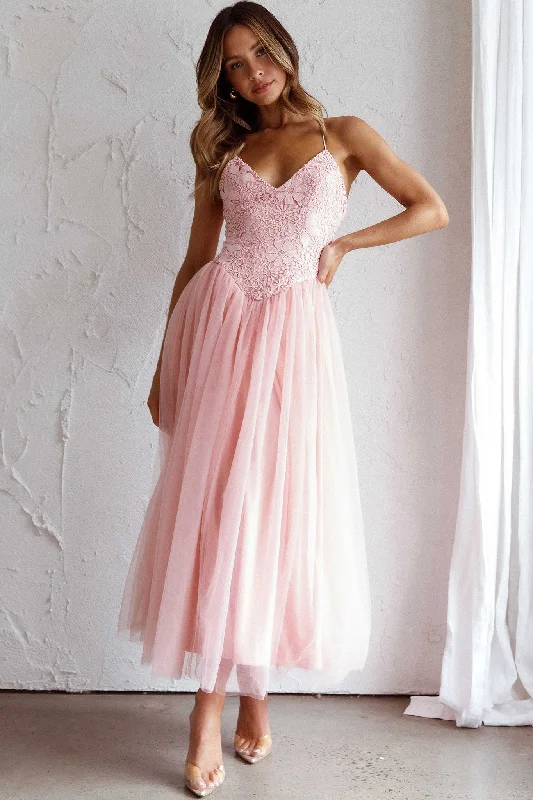 Seasonal Clearance Novoli Floral Embroidery Midi Dress Blush