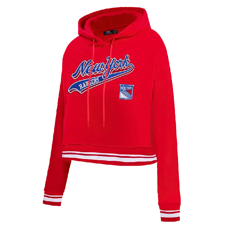 Flash Sale NHL NEW YORK RANGERS SCRIPT TAIL WOMEN'S RIB FLC CROPPED PO HOODIE (RED)