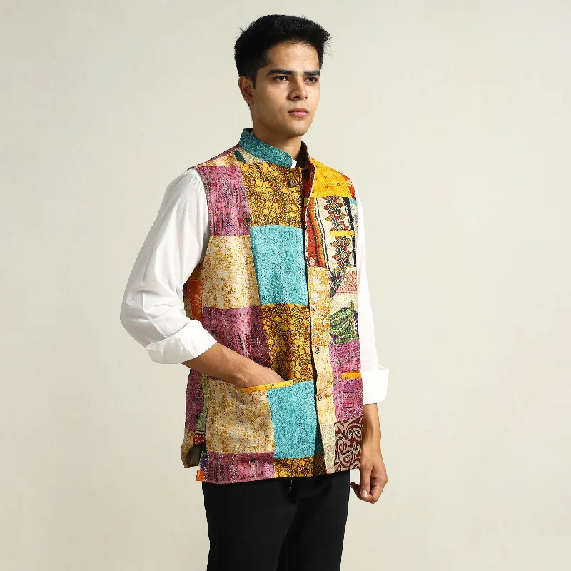 Buy More, Save More Multicolor - Kantha Embroidery Silk Patchwork Nehru Jacket 02