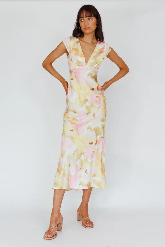 Exclusive Preview Lucinda Cap Sleeve Twist Back Midi Dress Flower Pink