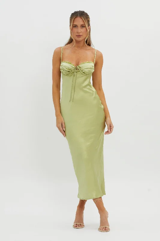 Year-End Clearance Fortune Lace Trim Bust Tie Midi Dress Lime