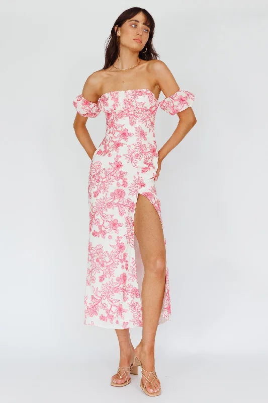 Hurry In Olivier Off-Shoulder Midi Dress Floral Pink