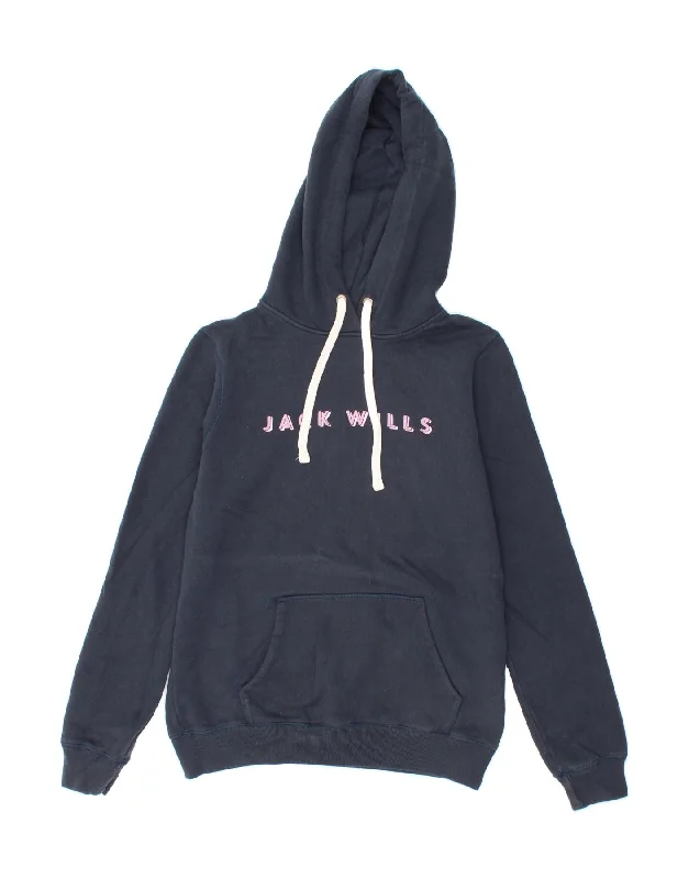 Price Fest JACK WILLS Womens Graphic Hoodie Jumper UK 12 Medium Navy Blue Cotton