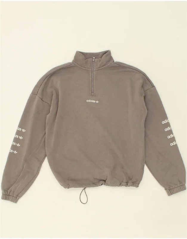 Can't Be Beat ADIDAS Womens Graphic Zip Neck Sweatshirt Jumper UK 12 Medium Grey Cotton Can't Be Beat ADIDAS Womens Graphic Zip Neck Sweatshirt Jumper UK 12 Medium Grey Cotton