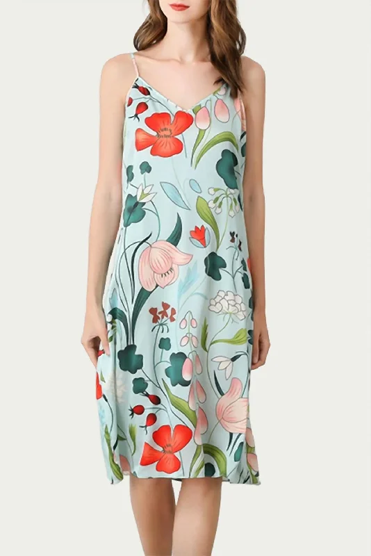 Markdowns Mulberry Floral-Print Silk Midi Slip Dress in Sky Blue