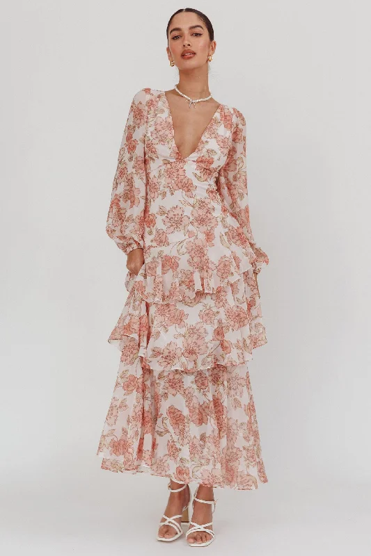 Price Reduction Veda Long Sleeve Floral Tiered Ruffle Maxi Dress Peach