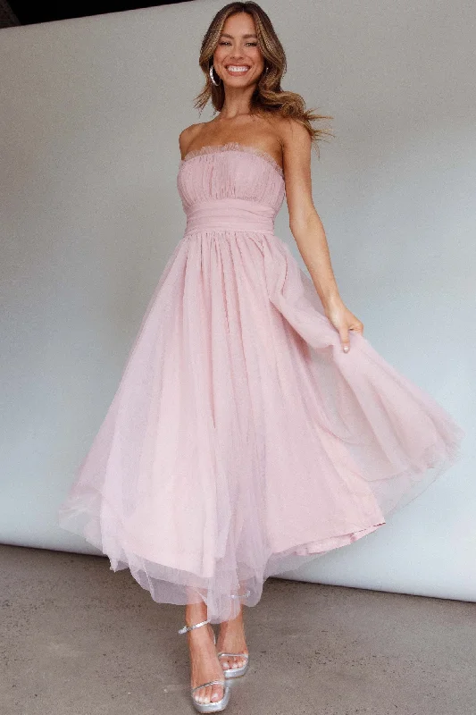 Grand Opening Sale Fayette Strapless Mesh Midi Dress Blush