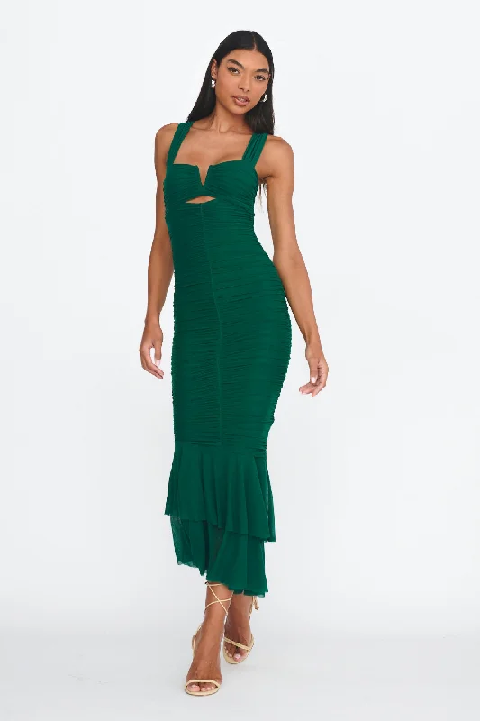 Quick Sale Nadia Ruched Fishtail Maxi Dress Green