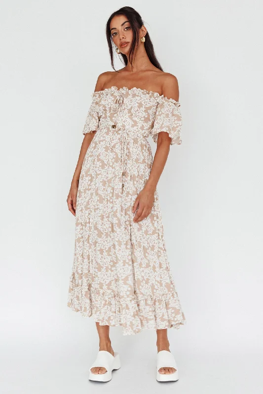 Midnight Madness Voyager Off-Shoulder Bell Sleeve Midi Dress Floral Blush