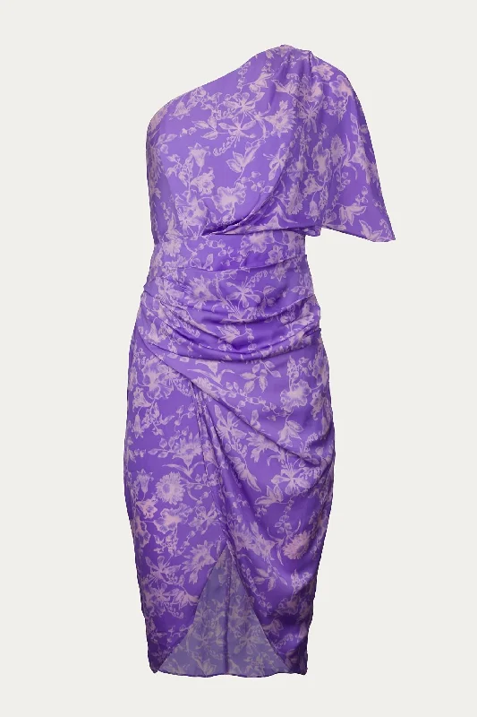 Steals and Deals One-Shoulder Draped Asymmetric Dress In Lavender Multi