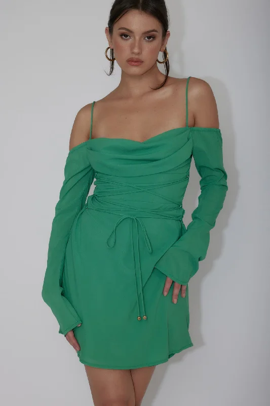Year-End Sale Teava Off-Shoulder Sleeve Laced Mini Dress Jade