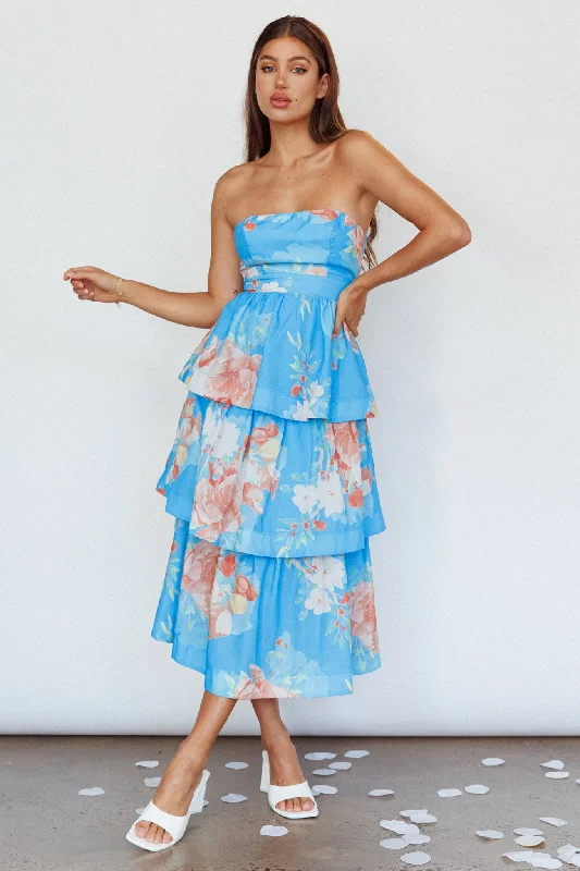 Super Savings Outshine Strapless Tiered Midi Dress Floral Blue