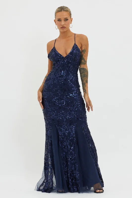 Great Bargains Serenade Song Godet Hem Sequin Maxi Dress Navy