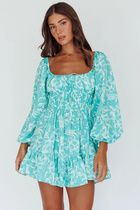 Special Promotion Amilie Shirred Long Sleeve Dress Floral Green