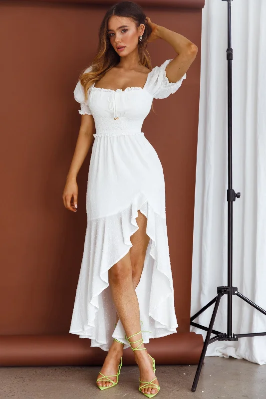 Can't Miss Summer In Paris Puff Sleeve Shirred Midi Dress White