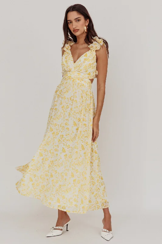 Year-End Sale Madara Lace-Up Back Maxi Dress Floral Yellow