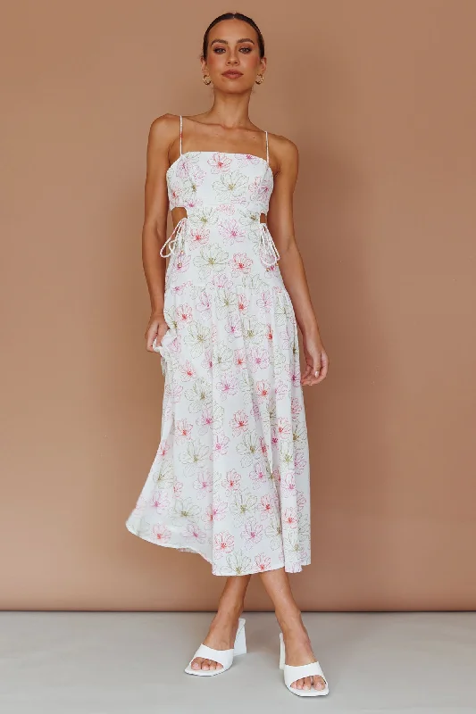 Final Markdown Aloha Cut-Out Waist Midi Dress Floral Pink