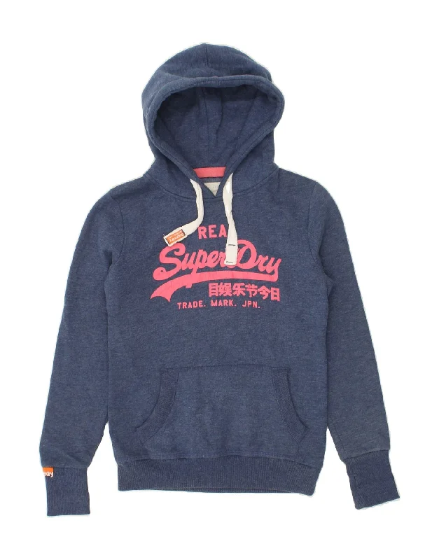 YEAR-End Sale SUPERDRY Womens Graphic Hoodie Jumper UK 10 Small Navy Blue Cotton