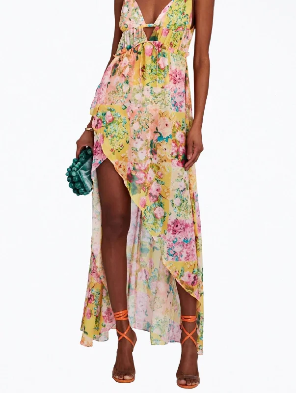 Get It Before It’s Gone Madison Floral-Print Asymmetric Chiffon Maxi Dress In Yellow