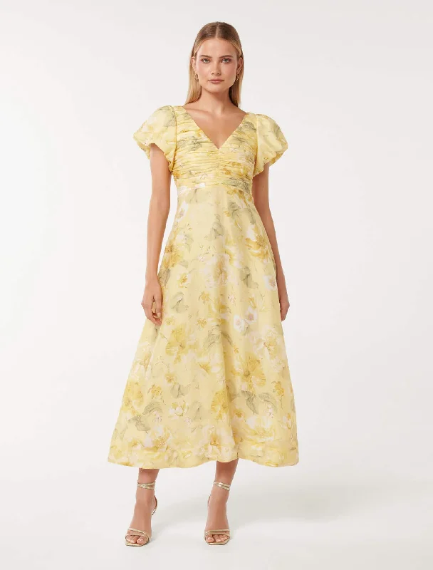 Price Drop June Ruched V Neck Midi Dress