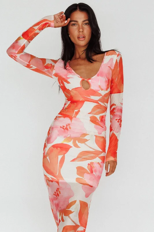 Super Sale Chardae Long Sleeve Mesh Midi Dress Floral Pink