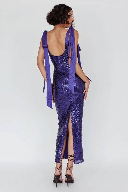 Exclusive Deal Birthday Wish Tied Shoulder Sequin Maxi Dress Blue
