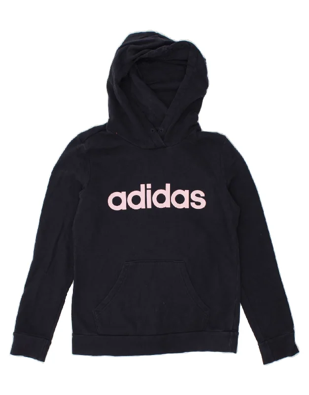 Shop and Save ADIDAS Womens Graphic Hoodie Jumper UK 8/10 Small Navy Blue Cotton