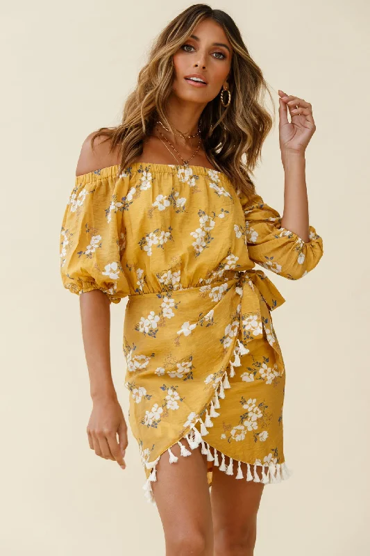 Mega Sale Cayman Tassel Trim Wrap Dress Floral Print Mustard