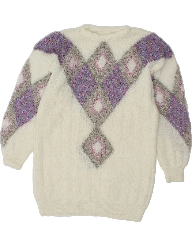 Deal Alert VINTAGE Womens Boat Neck Jumper Sweater UK 12 Medium White Argyle/Diamond