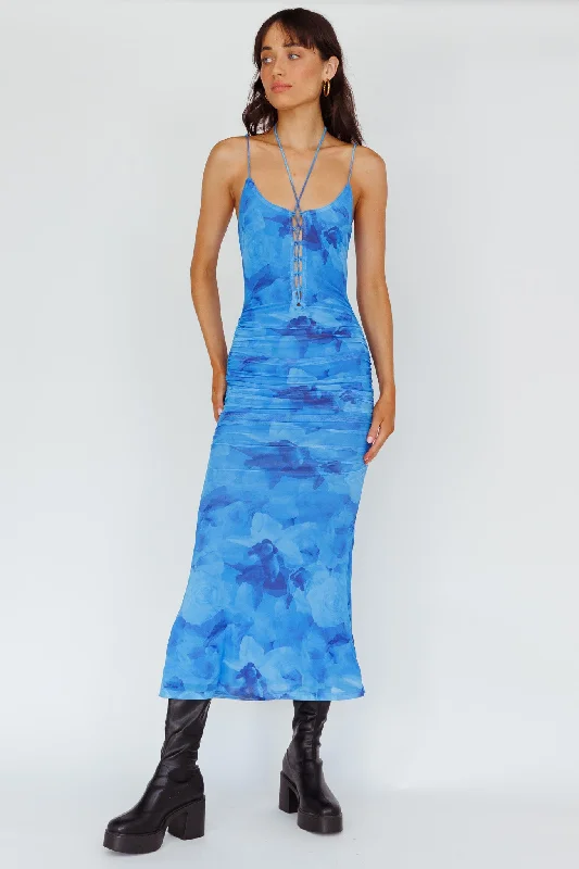 Price Buster Gypsy Garden Laced Bodice Ruched Midi Dress Blue