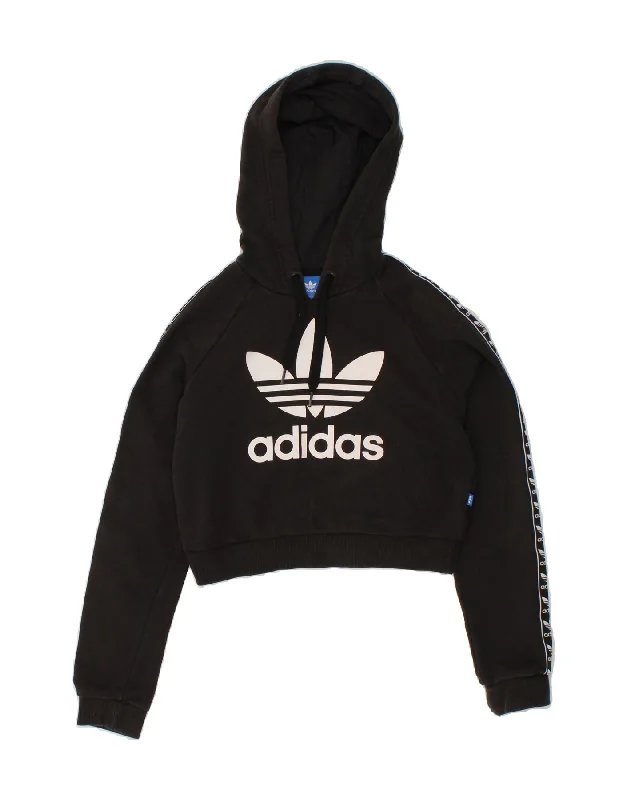 Limited Edition ADIDAS Womens Graphic Crop Hoodie Jumper UK 6 XS Black Cotton