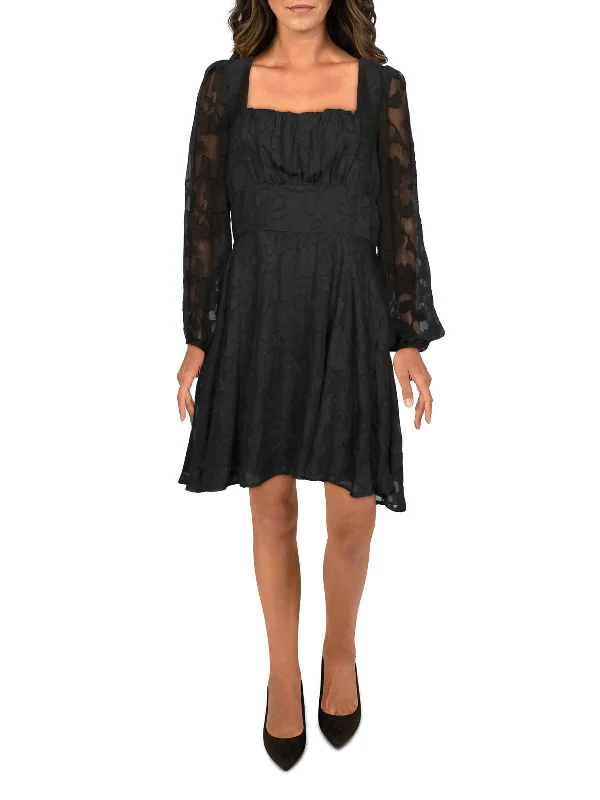 Quick Sale Juniors Womens Square Neck Bishop Sleeve Fit & Flare Dress