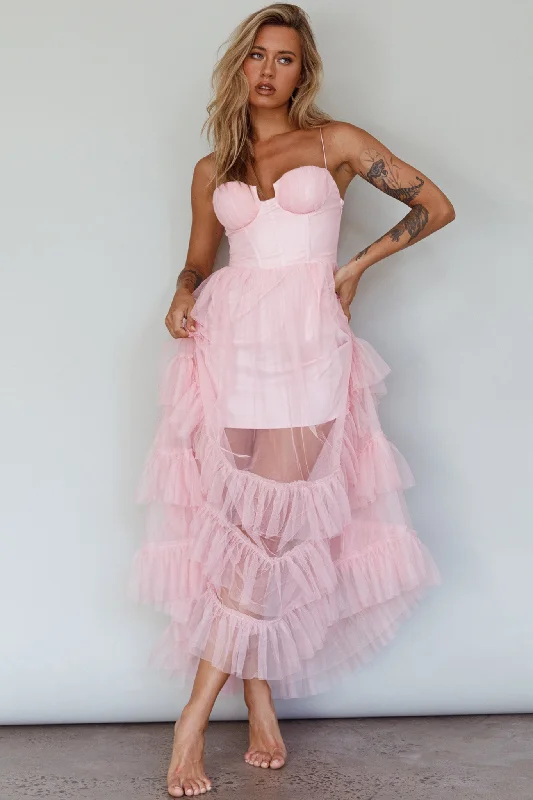Final Sale Moonlight Sonata Ruffle Mesh Maxi Dress Cameo Pink