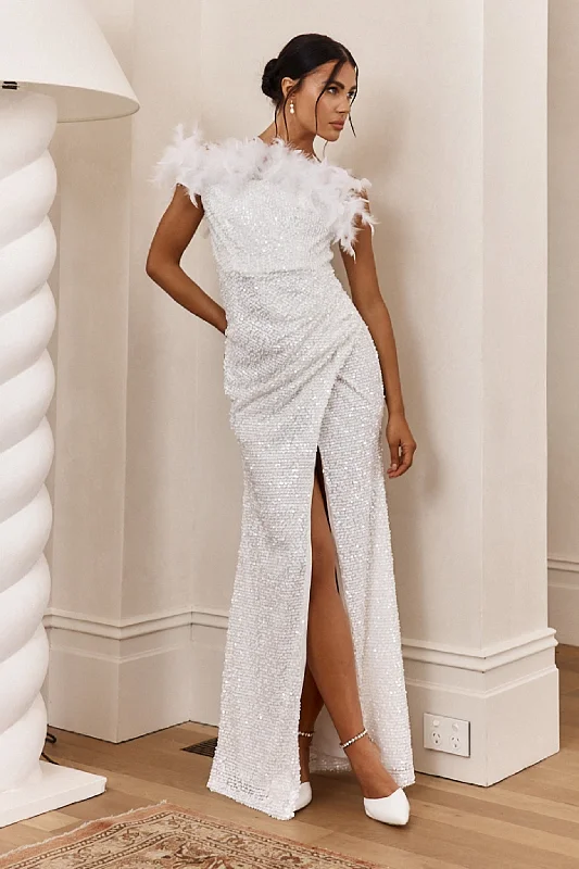 Savings Bonanza For Lovers Feather Trim Sequin Maxi Dress White