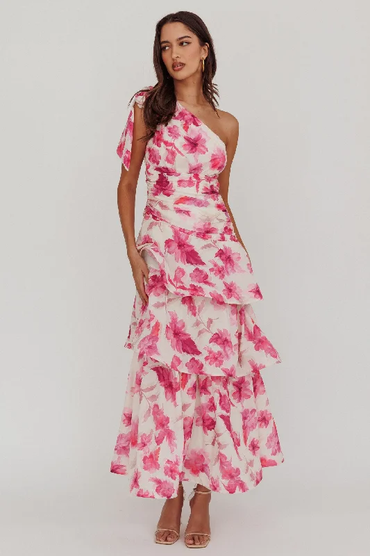 Clearance Sale Kenny One Shoulder Tiered Floral Maxi Dress Pink