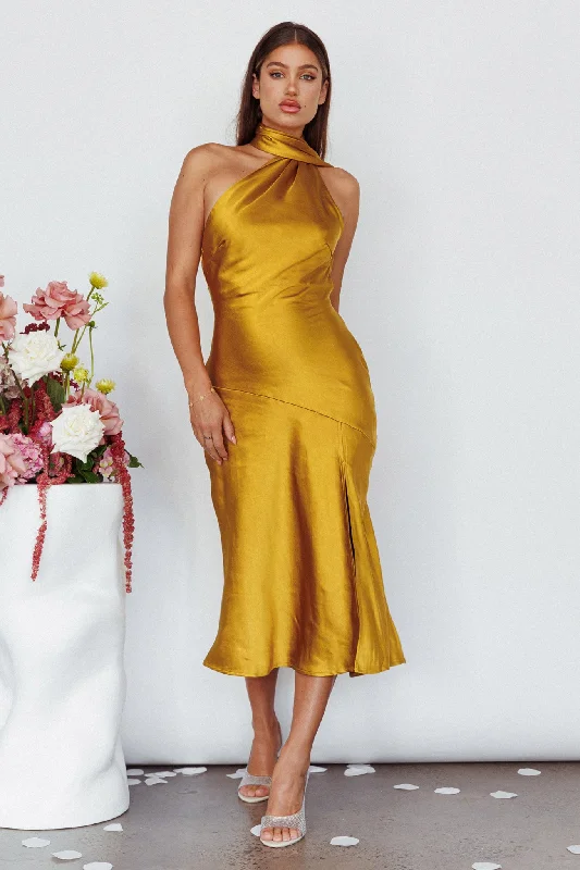Crazy Deals Italian Summer Tie Neck Midi Dress Mustard