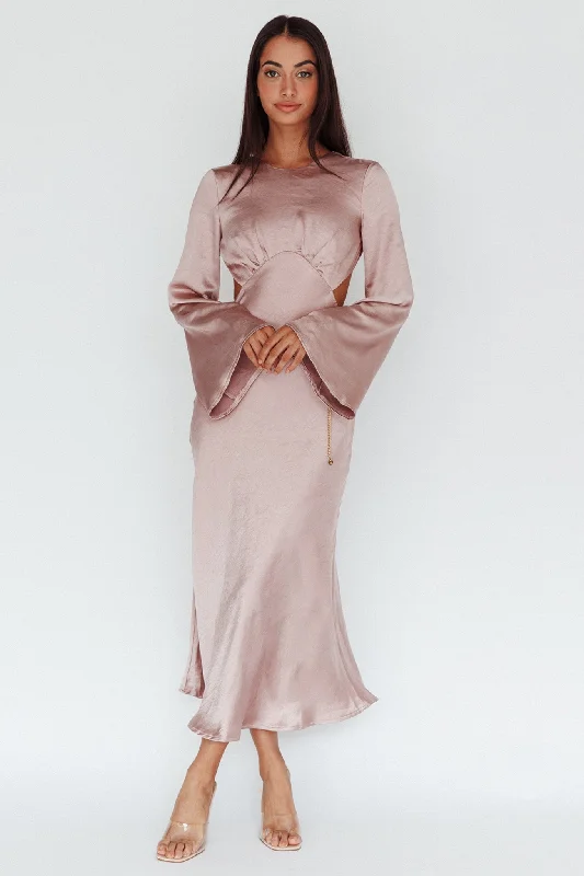 Take Advantage Doting Bell Sleeve Cut-Out Midi Dress Wood Rose