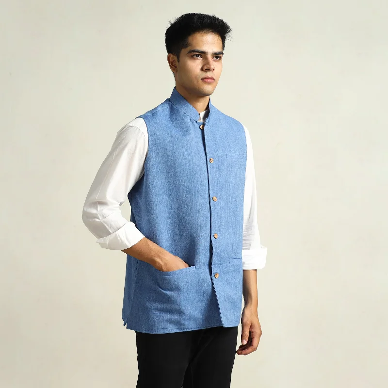 Savings Event Blue - Pure Cotton Handloom Men Nehru Jacket 06
