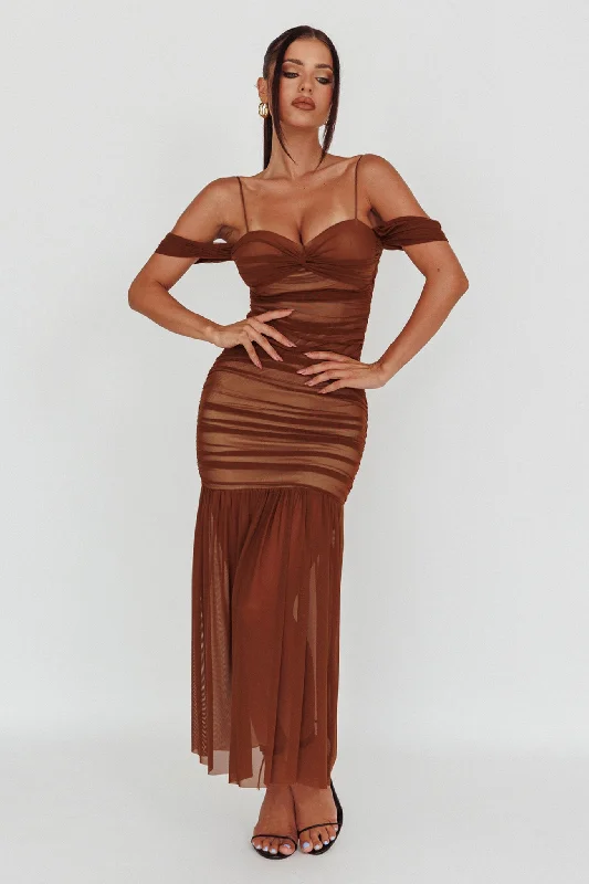 Bargain Blast La Salle Ruched Mesh Maxi Dress Chocolate
