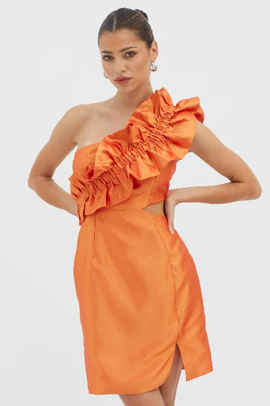 Deep Discounts NY Moment Wide Ruffle Shoulder Mini Dress Orange
