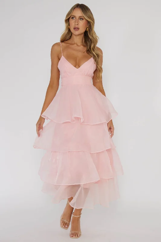 Members Only Made For You Tiered Ruffle Midi Dress Pink