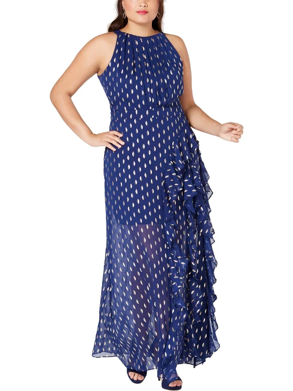 Price Cut Plus Womens Metallic Pleated Halter Dress