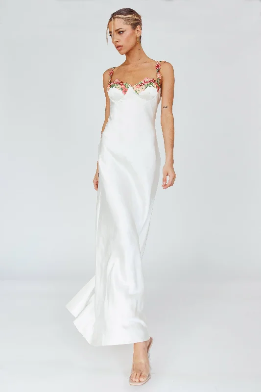 Can't Be Beat Rose Garden Floral Applique Midi Dress Oyster