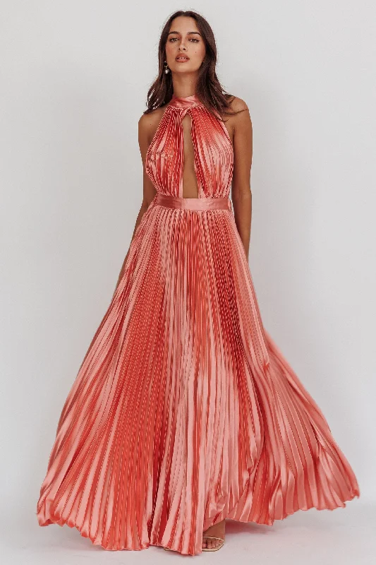 Don't Wait Monarch Pleated Satin Maxi Dress Rose
