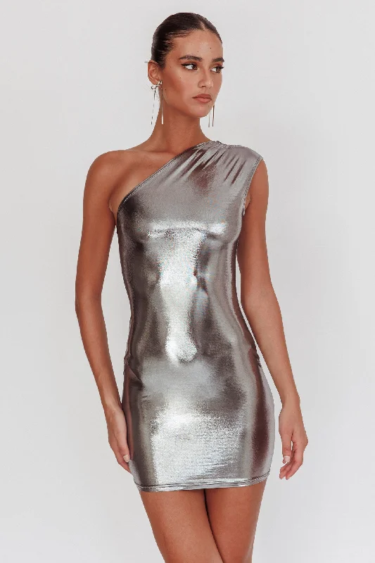 Weekend Deal Glitter One-Shoulder Mini Dress Silver